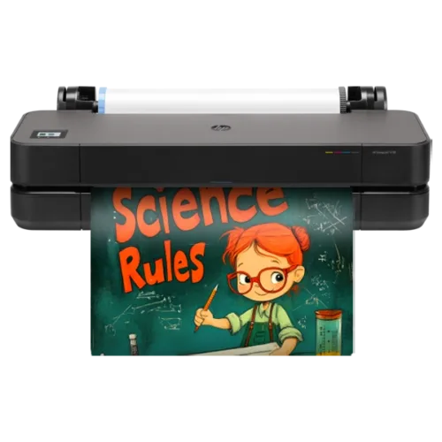 Classroom Pro 24 Desktop Poster Maker printing a colorful "Science Rules" educational poster featuring a young girl in glasses and a lab coat