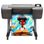 Campus Pro 24 Poster Maker Campus Pro 24 Poster Maker printing a vibrant poster featuring a student reading books with a colorful sky background