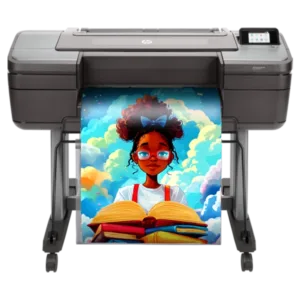 Campus Pro 24 Poster Maker printing a vibrant poster featuring a student reading books with a colorful sky background