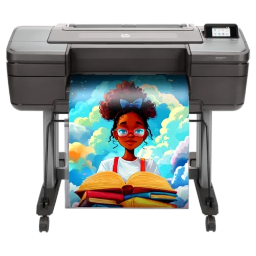 Campus Pro 24 Poster Maker printing a vibrant poster featuring a student reading books with a colorful sky background