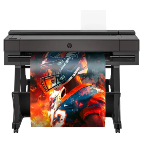 Campus Pro 36 Poster Maker printing a vibrant sports poster featuring a football player in action with a fiery background