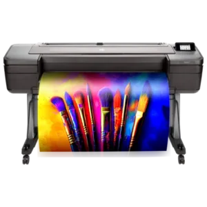 Campus Pro 44 Poster Maker printing a vibrant, colorful poster featuring paintbrushes on a bold, artistic background