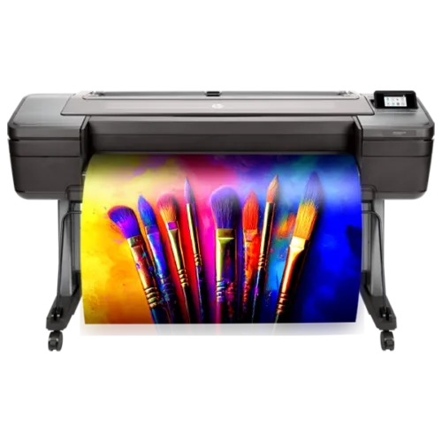 Campus Pro 44 Poster Maker printing a vibrant, colorful poster featuring paintbrushes on a bold, artistic background