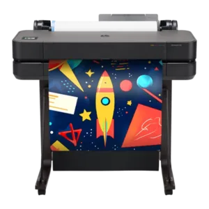 Classroom Pro 24 Poster Maker printing a colorful space-themed poster featuring a rocket, stars, and geometric shapes