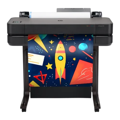 Classroom Pro 24 Poster Maker printing a colorful space-themed poster featuring a rocket, stars, and geometric shapes