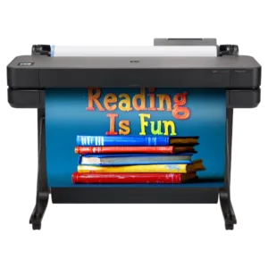 Classroom Pro 36 Poster Maker printing a colorful "Reading Is Fun" poster with a stack of books