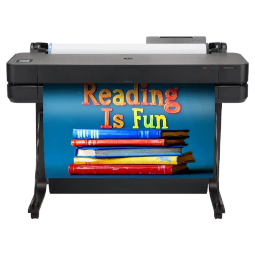 Classroom Pro 36 Poster Maker printing a colorful "Reading Is Fun" poster with a stack of books
