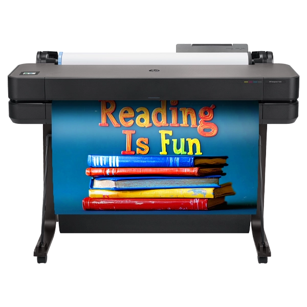Classroom Pro 36 Poster Maker Classroom Pro 36 Poster Maker printing a colorful "Reading Is Fun" poster with a stack of books