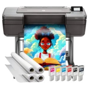 Campus Pro 24 Poster Maker Advanced Package with ink cartridges, poster paper rolls, and a vibrant educational poster