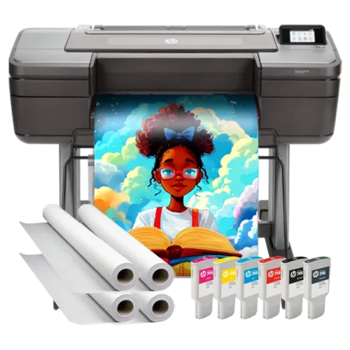 Campus Pro 24 Poster Maker Advanced Package with ink cartridges, poster paper rolls, and a vibrant educational poster