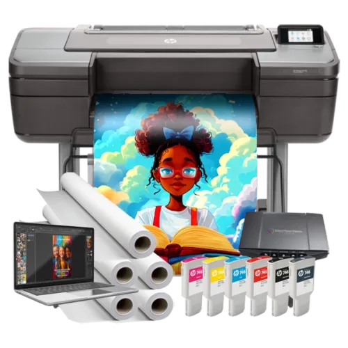 Campus Pro 24 Poster Maker Elite Package with ink cartridges, poster paper rolls, a laptop, scanner, and poster software