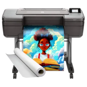 Campus Pro 24 Essentials Poster Maker Package printing a vibrant educational poster featuring a student with books, alongside a roll of poster paper