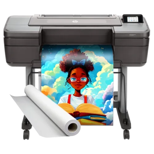 Campus Pro 24 Essentials Poster Maker Package printing a vibrant educational poster featuring a student with books, alongside a roll of poster paper