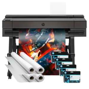 Campus Pro 36 Advanced Poster Maker Package with ink cartridges, poster paper rolls, and a vibrant sports poster featuring a football player