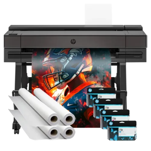 Campus Pro 36 Advanced Poster Maker Package with ink cartridges, poster paper rolls, and a vibrant sports poster featuring a football player