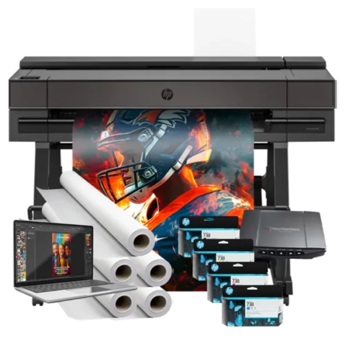 Campus Pro 36 Poster Maker Elite Package with ink cartridges, poster paper rolls, design station, scanner, and a vibrant sports poster