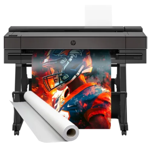 Campus Pro 36 Essentials Poster Maker Package printing a vibrant sports poster featuring a football player, alongside a roll of poster paper