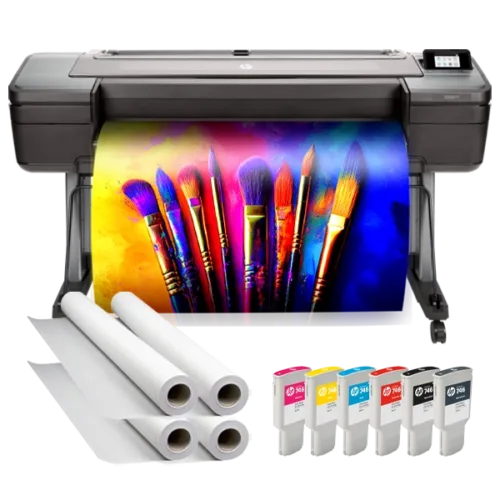 Campus Pro 44 Advanced Poster Maker Package with ink cartridges, poster paper rolls, and a vibrant artistic poster featuring paintbrushes