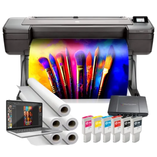 Campus Pro 44 Poster Maker Elite Package with ink cartridges, poster paper rolls, design station, scanner, and a vibrant artistic poster