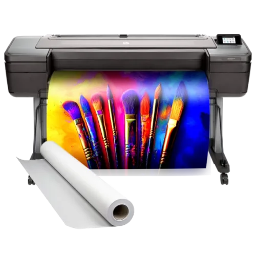 Campus Pro 44 Essentials Poster Maker Package printing a vibrant, colorful poster featuring paintbrushes alongside a roll of poster paper
