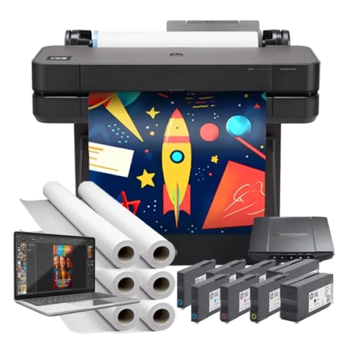 Classroom Pro 24 Poster Maker Elite Package with ink cartridges, poster paper rolls, design station, scanner, and design software