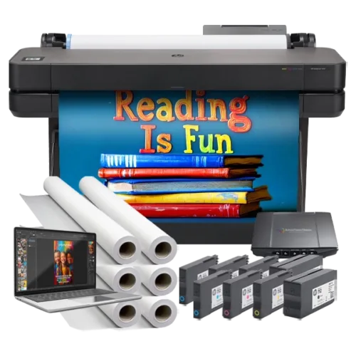 Classroom Pro 36 Poster Maker Elite Package with ink cartridges, poster paper rolls, design station, and scanner