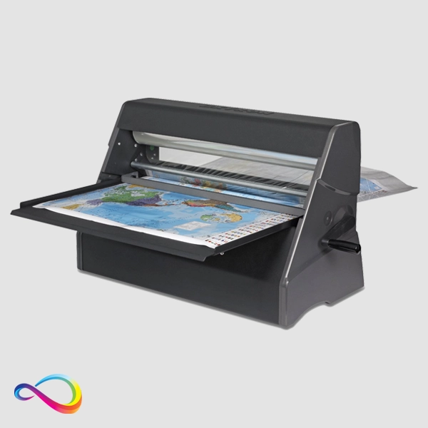 A cold laminator processing a large map, providing heat-free lamination for school projects