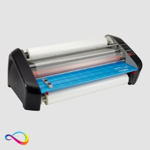 A hot laminator set up for laminating school materials, offering heat-based lamination for long-lasting protection