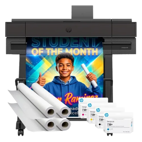 Campus Pro 24 Poster Maker Advanced Package with ink cartridges, poster paper rolls, and a vibrant educational poster