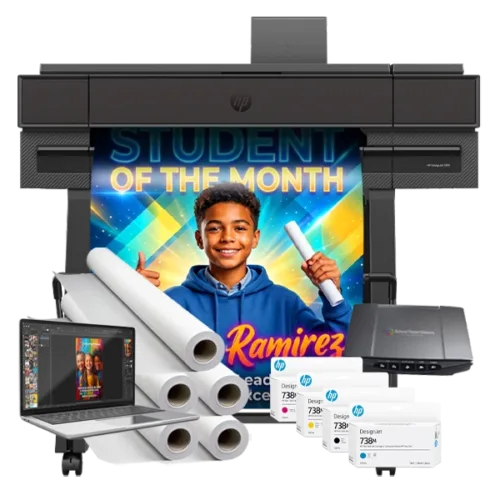 Campus Pro 24 Poster Maker Elite Package with ink cartridges, poster paper rolls, a laptop, scanner, and poster software
