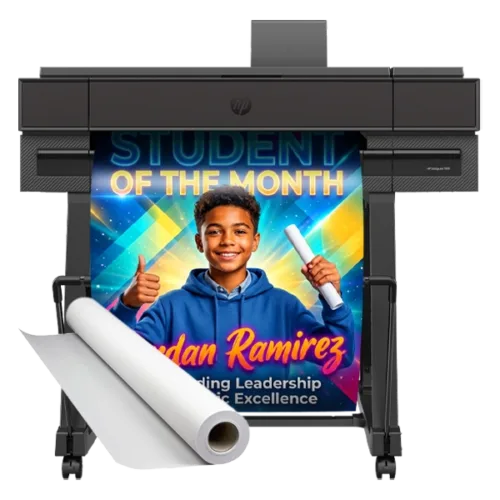 Campus Pro 24 Essentials Poster Maker Package printing a vibrant student of the month poster, alongside a roll of poster paper