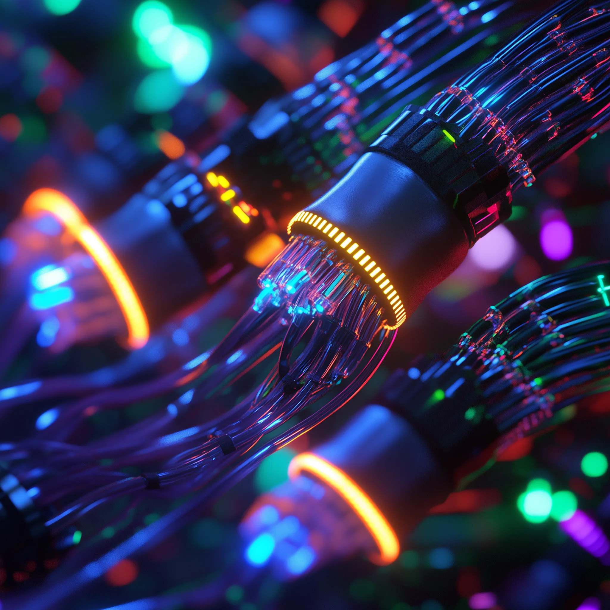Close-up of fiber optic cables