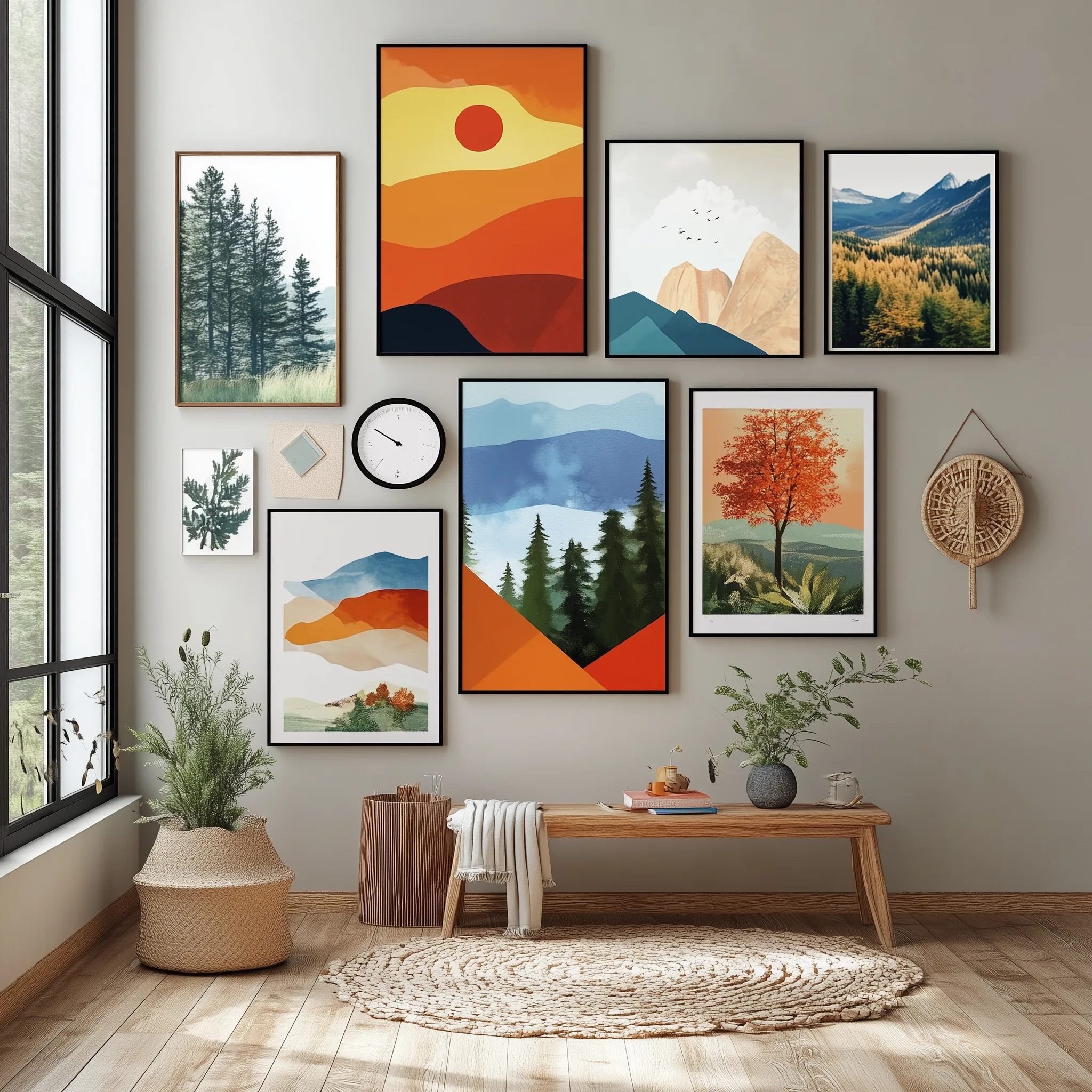 A modern wall with various framed landscape posters in different sizes