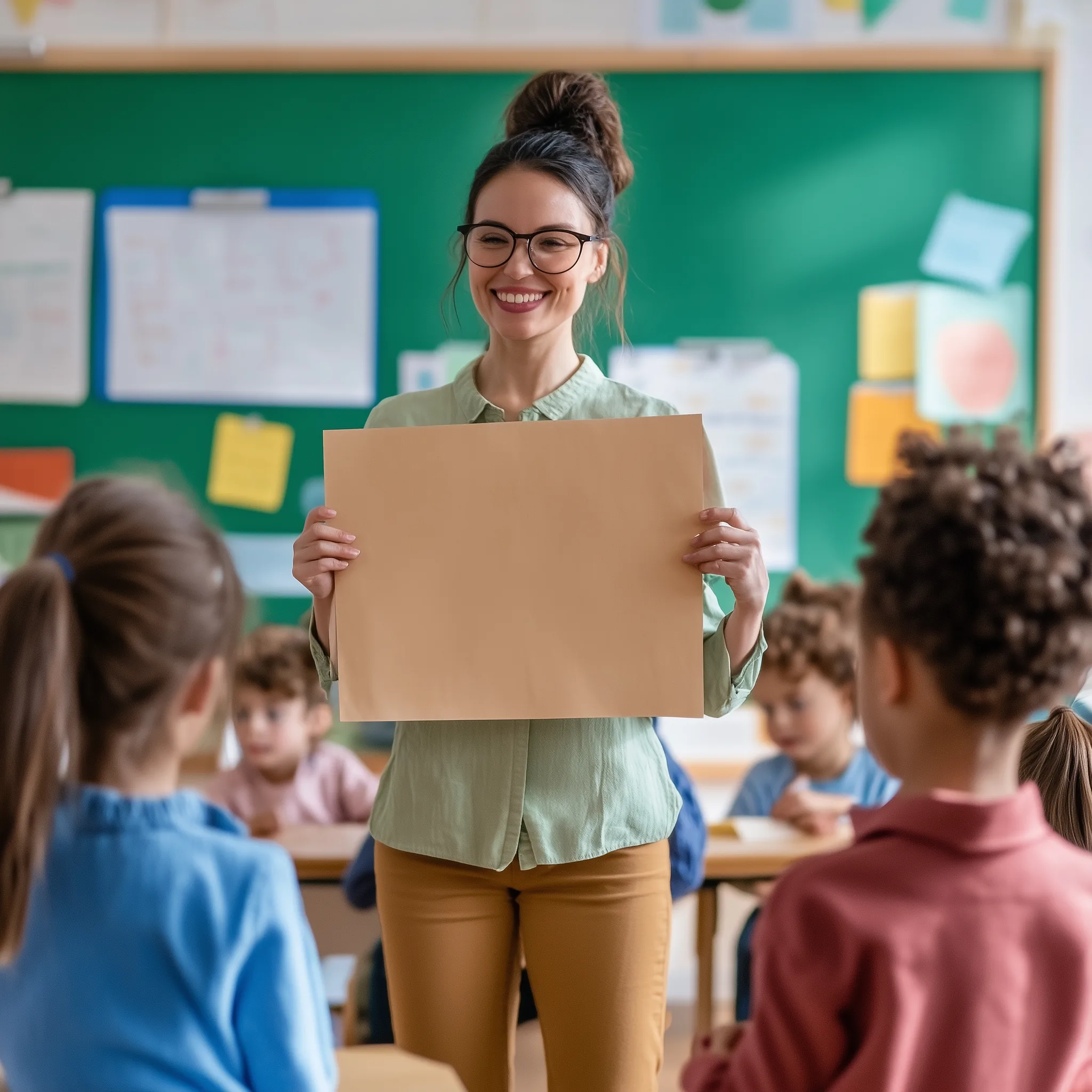 A happy teacher holding up an empty cardboard sign in front of her students sitting at their desks, classroom background, stock photo-style photography.