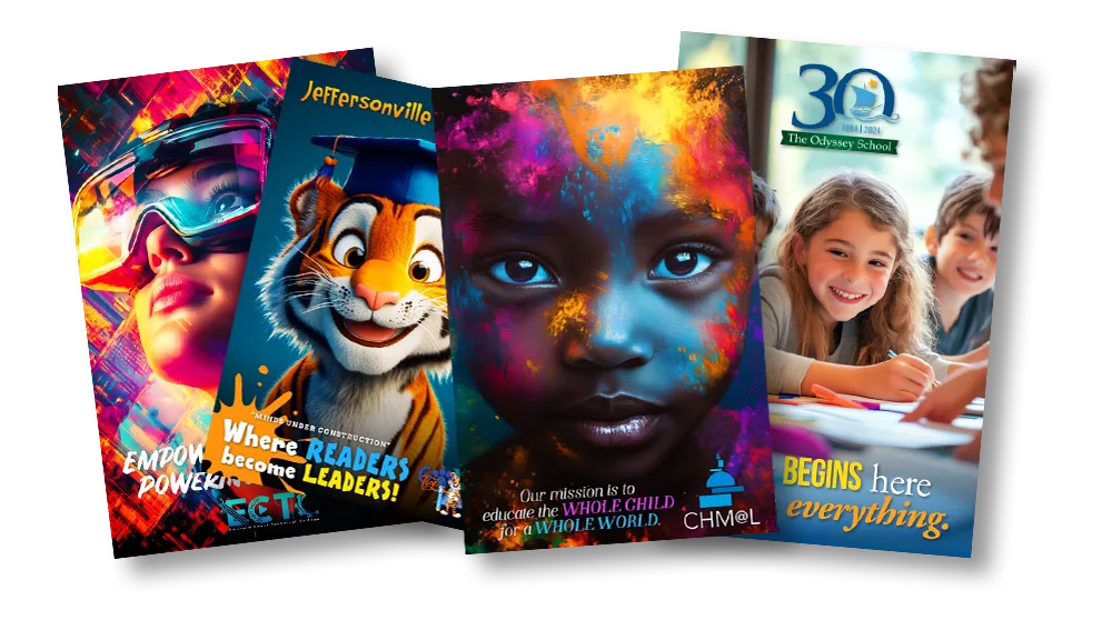 This image features three vibrant school posters created to engage and inspire. Each poster represents a unique theme and style, tailored to a school’s specific message or campaign.