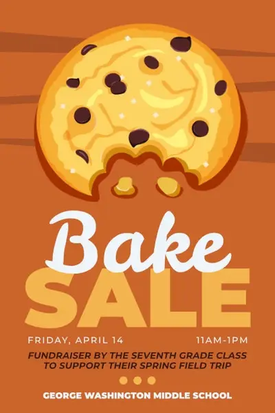 A colorful Bake Sale poster featuring a bitten chocolate chip cookie, showcasing Fundraising Ideas with Custom Posters made through poster machines for schools.
