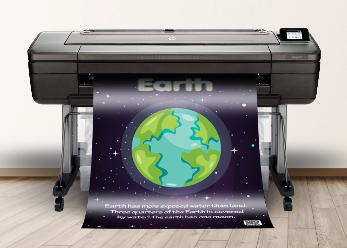 Poster Printer Printing Earth Poster Space-themed Earth poster printed with a school poster maker, highlighting water coverage facts