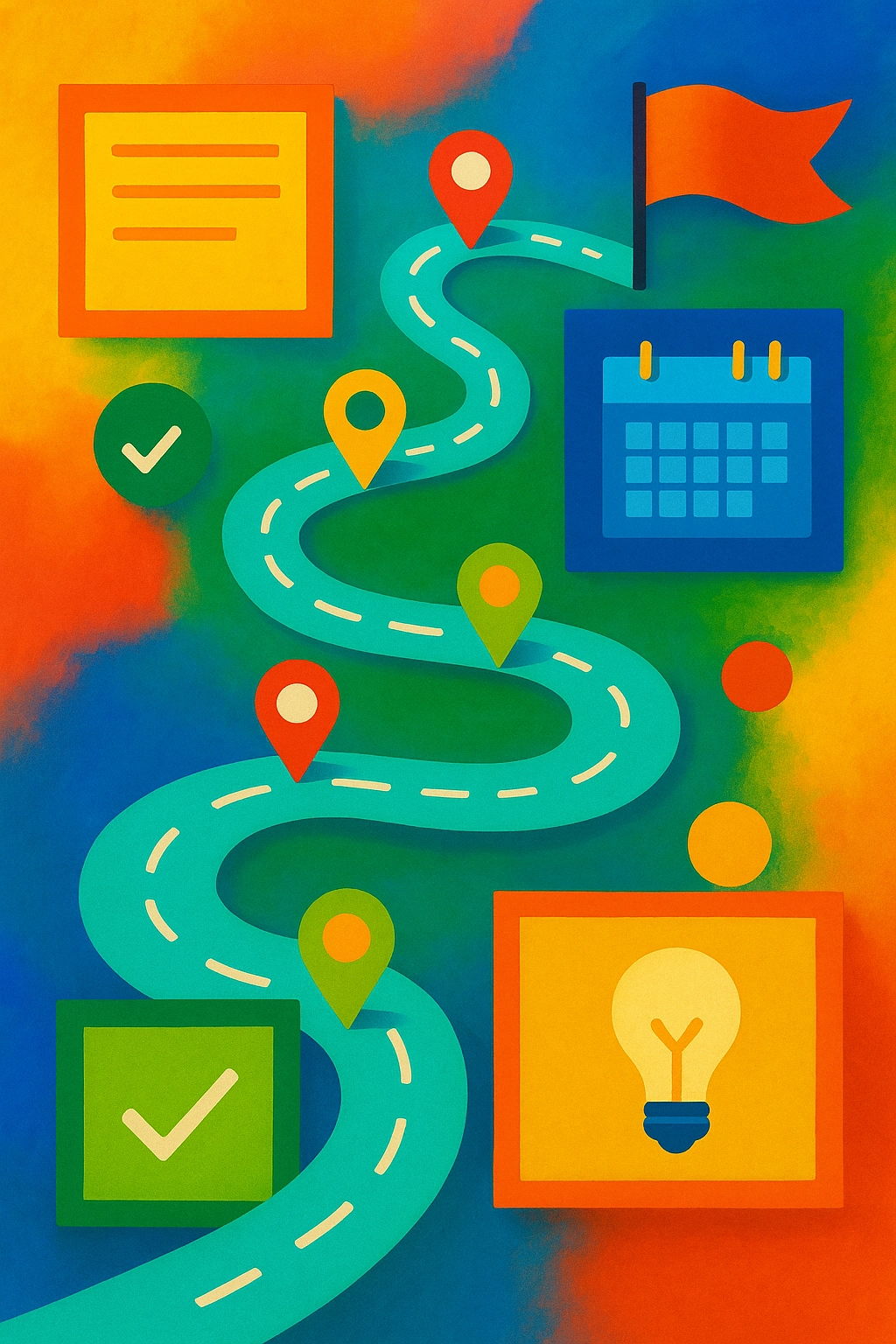 A colorful roadmap illustration with milestones, checkmarks, and icons representing planning, learning, and progress on a gradient background