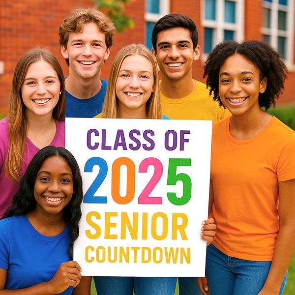 Group of smiling high school seniors holding a colorful “Class of 2025 Senior Countdown” poster