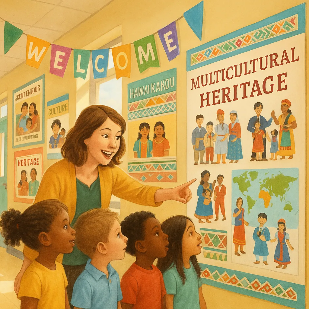 A vibrant, cheerful elementary school hallway filled colorful multicultural heritage posters and banners. The scene shows diverse cultural displays family photos, traditional patterns, and