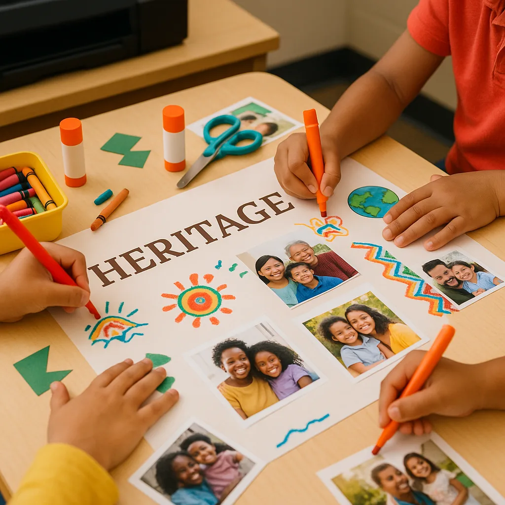 A close-up view of first-grade students working together to create a heritage poster at a classroom table. The image shows small hands holding markers and crayons, decorating a poster cultural