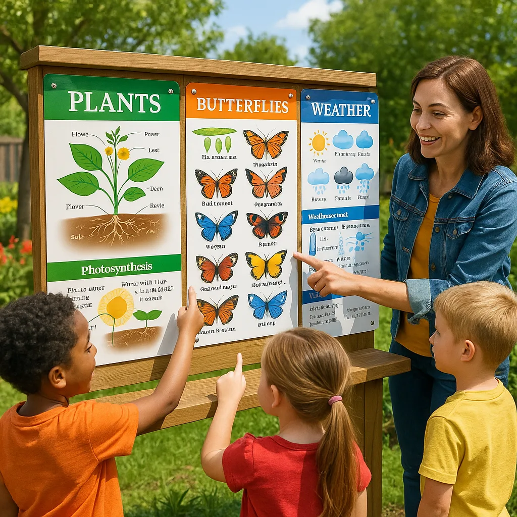 A vibrant, photorealistic image showcasing an outdoor classroom setting colorful weatherproof educational posters. Show a wooden learning station in a school garden laminated posters about plants,