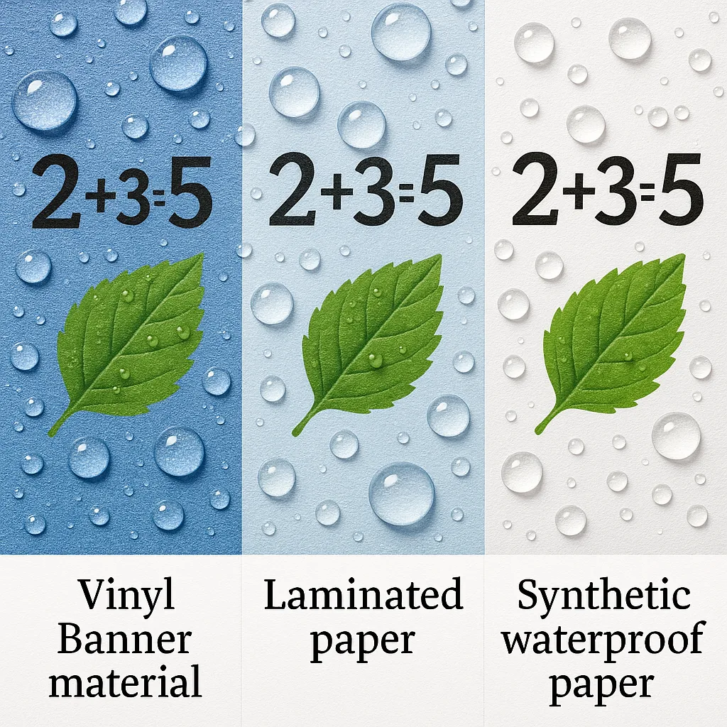 Design a close-up comparison image three different outdoor poster materials side by side: vinyl banner material, laminated paper, and synthetic waterproof paper. Each section should show the same Design a close-up comparison image three different outdoor poster materials side by side: vinyl banner material, laminated paper, and synthetic waterproof paper. Each section should show the same