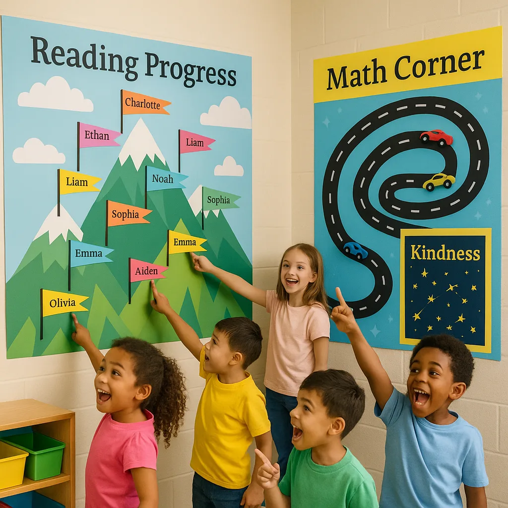 A bright, cheerful first-grade classroom colorful visual progress tracking displays on the walls. Show a large reading progress mountain range poster student name flags at different heights, a