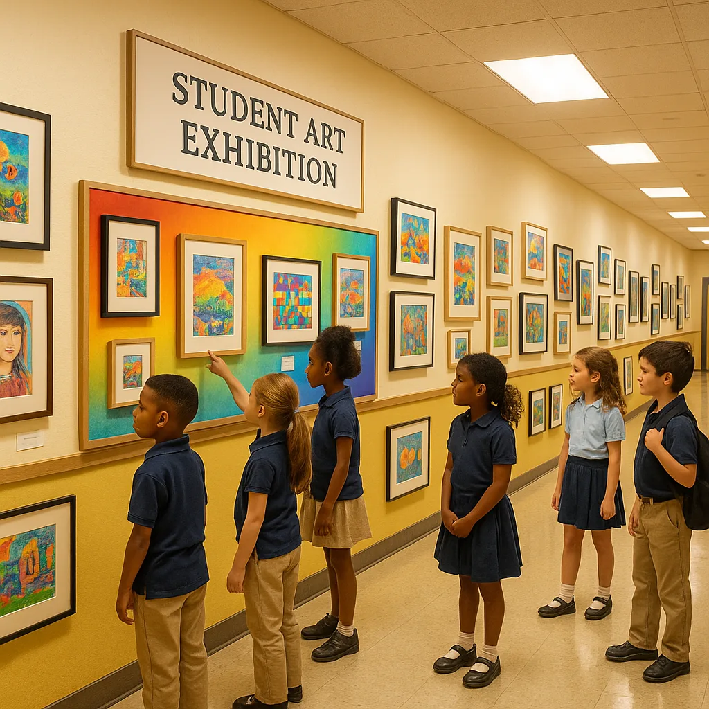 A bright, cheerful elementary school hallway transformed into an art gallery colorful student artwork professionally displayed on walls. Include diverse children in school uniforms admiring the