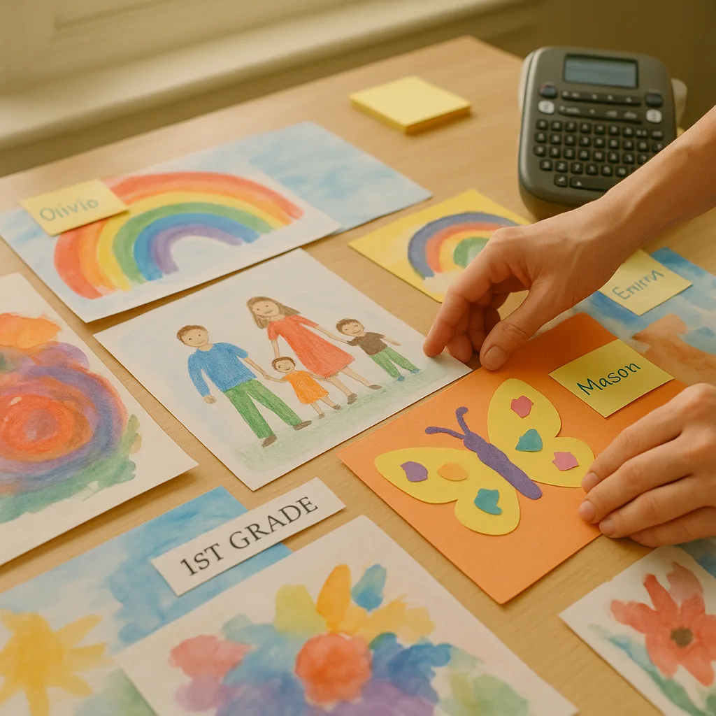 Close-up view of a teacher's hands carefully arranging various pieces of children's artwork on a desk for scanning. Include colorful drawings, paintings, and collages spread out, a label maker