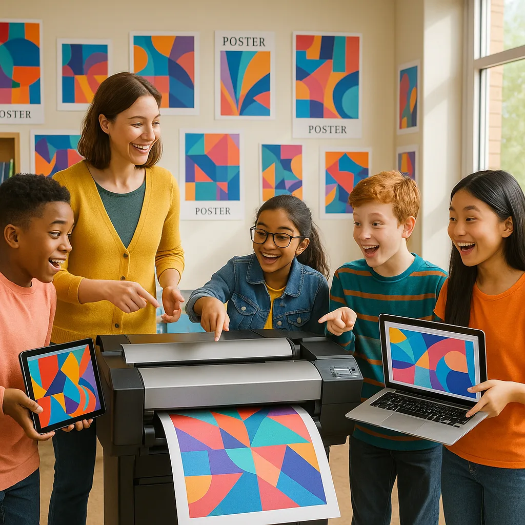 A vibrant, classroom scene a teacher and diverse group of middle school students gathered around a large-format poster printer (36-inch width). The printer is producing a colorful student digital
