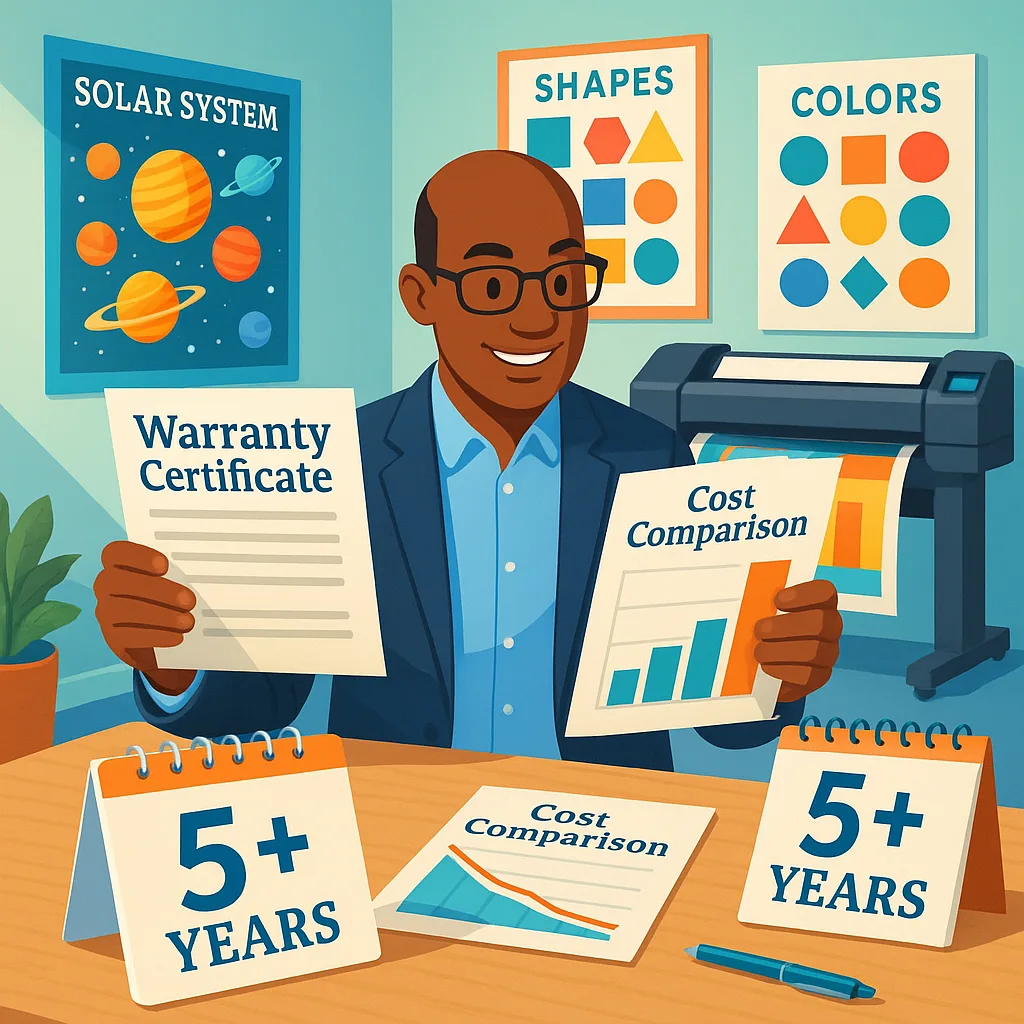 A bright, image a school administrator comparing service documents at a desk. Include visual elements like warranty certificates, cost comparison charts, and a calendar "5+ Years" prominently. In
