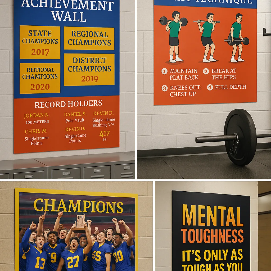 A collage-style image four different types of athletic posters: a locker room achievement wall championship banners and record holders, a weight room technique poster demonstrating proper squat A collage-style image four different types of athletic posters: a locker room achievement wall championship banners and record holders, a weight room technique poster demonstrating proper squat