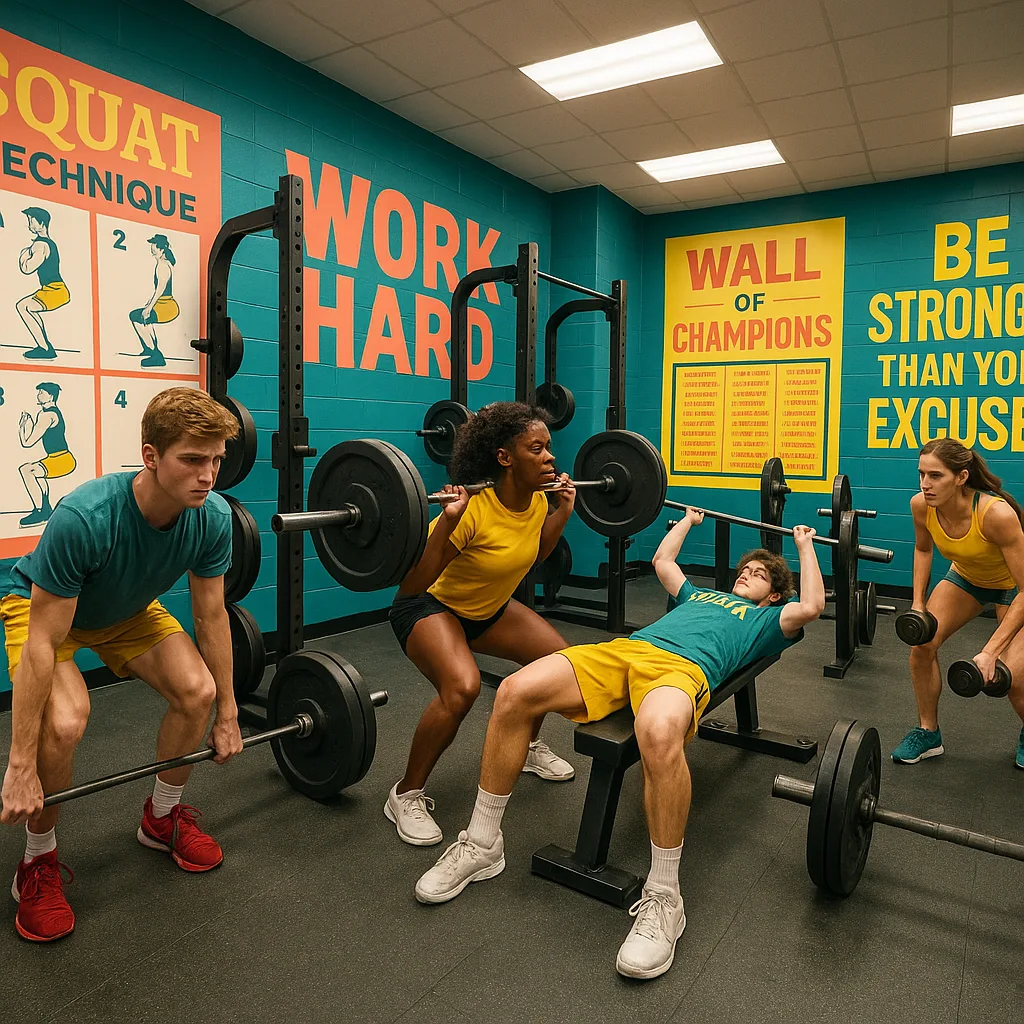 A dynamic, wide-angle photograph of a high school weight room motivational posters on the walls bold typography and team colors. The scene shows student-athletes training determination, surrounded